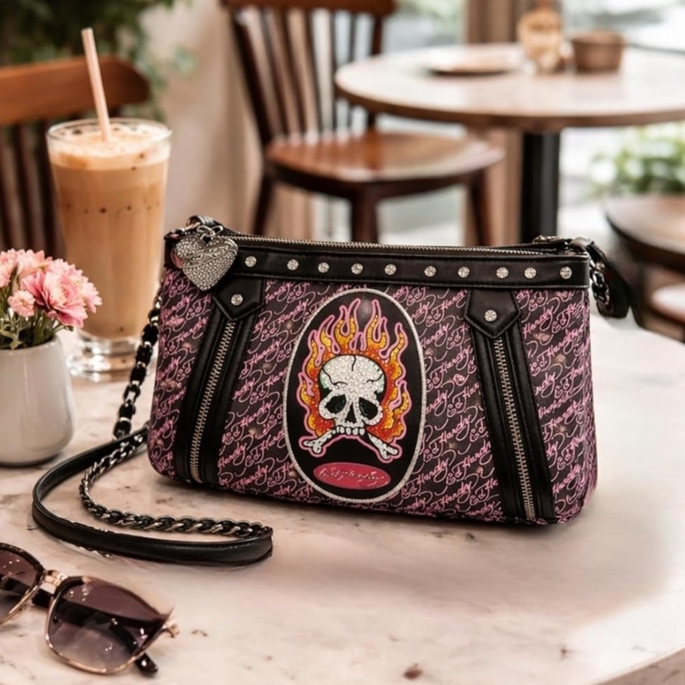 Ed Hardy Pink Skull Flame Crossbody Bag with Black Trim